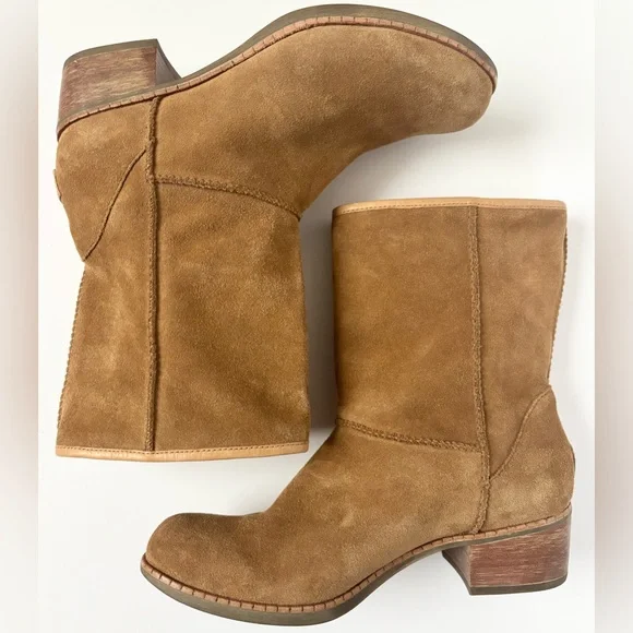 UGG Cyrinda Unlined Stacked Heel Suede Boots in Chestnut - Picture 6 of 11